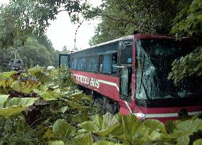 Sightseeing bus badly damaged in collision with military truck